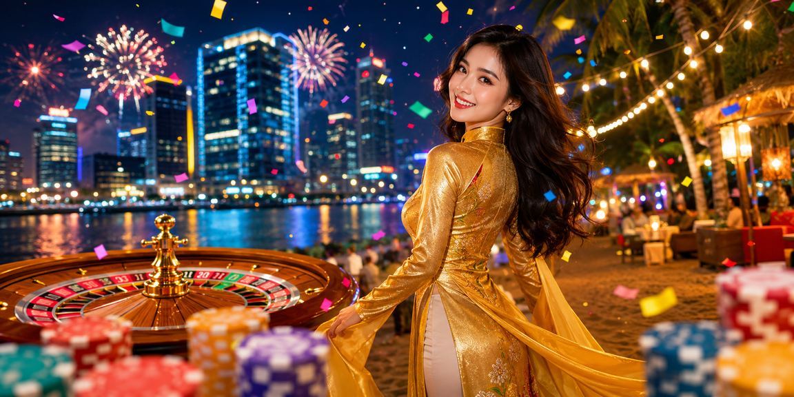Phụ nữ mặc áo dài tại Hà Nội ngồi trước bàn roulette trong không gian casino sang trọng